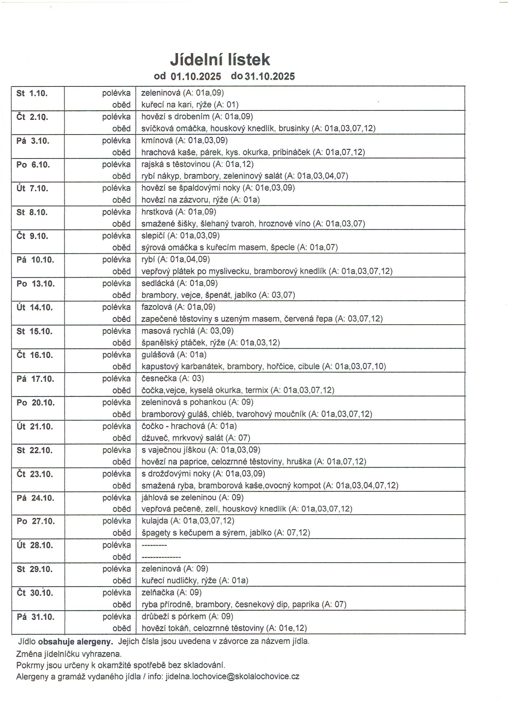 jídelníček - říjen 2025